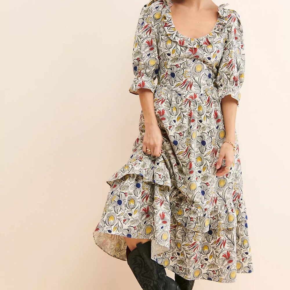Floral Scoop-Neck Midi Dress in Cream with Red & Blue Accents